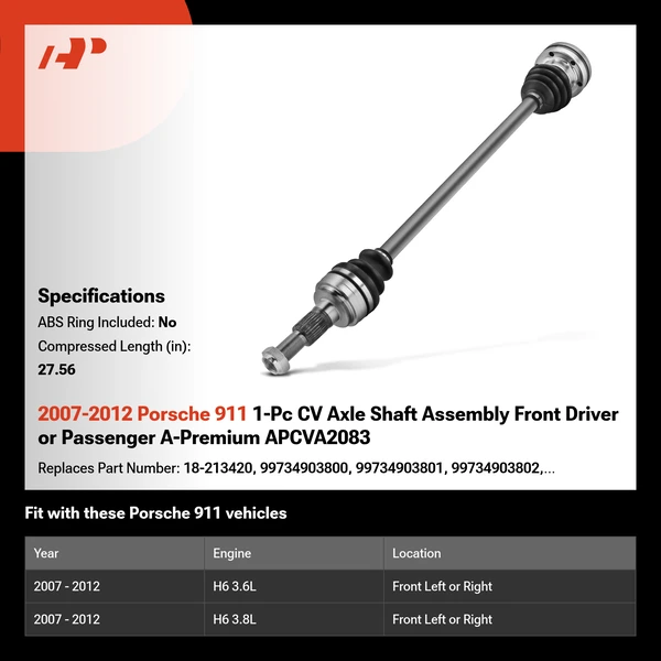 2007-2012 Porsche 911 1-Pc CV Axle Shaft Assembly Front Driver or Passenger A-Premium APCVA2083