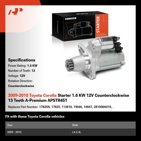 2009-2010 Toyota Corolla Starter 1.6 KW 12V Counterclockwise 13 Teeth A-Premium APSTR451