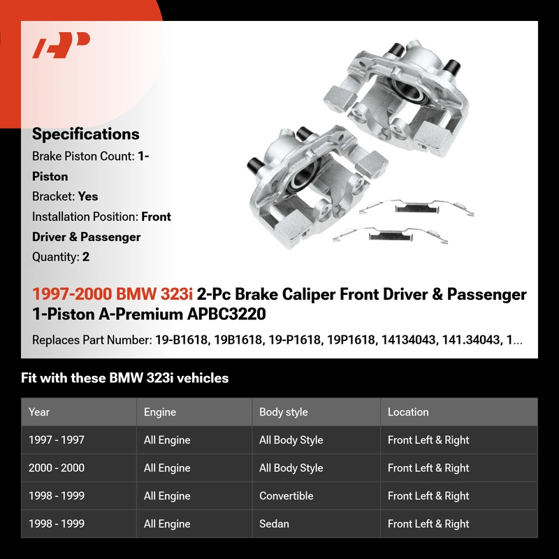 1997-2000 BMW 323i 2-Pc Brake Caliper Front Driver & Passenger 1-Piston A-Premium APBC3220
