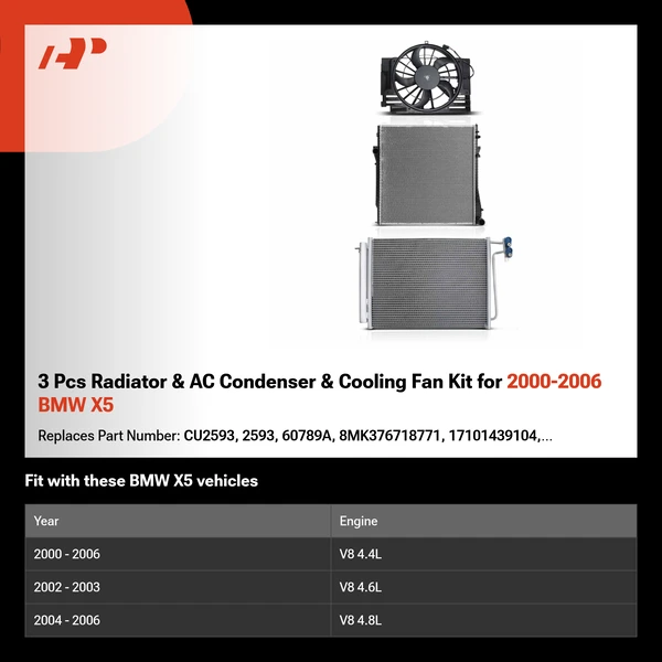 3 Pcs Radiator & AC Condenser & Cooling Fan Kit for 2000-2006 BMW X5