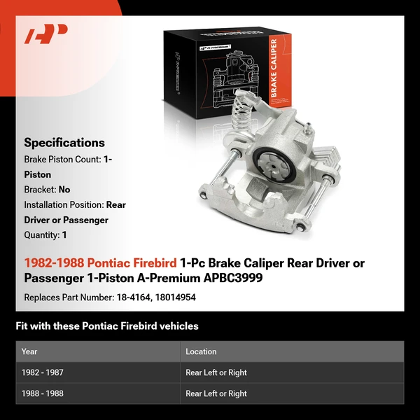 1982-1988 Pontiac Firebird 1-Pc Brake Caliper Rear Driver or Passenger 1-Piston A-Premium APBC3999