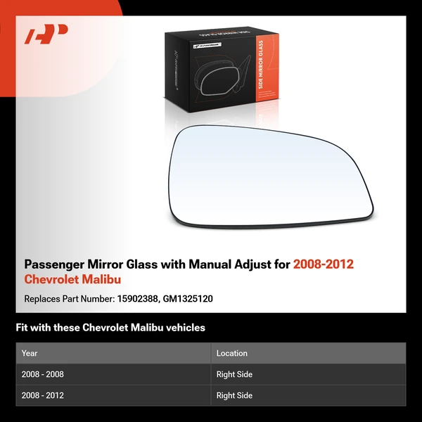 Passenger Mirror Glass with Manual Adjust for 2008-2012 Chevrolet Malibu