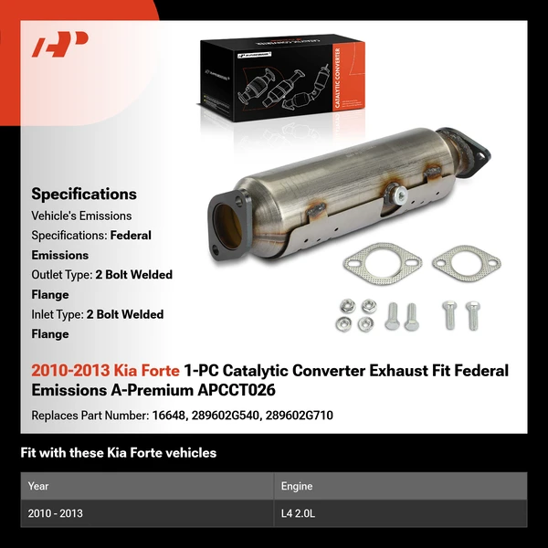 2010-2013 Kia Forte 1-PC Catalytic Converter Exhaust Fit Federal Emissions A-Premium APCCT026