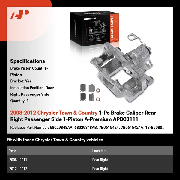 2008-2012 Chrysler Town & Country 1-Pc Brake Caliper Rear Right Passenger Side 1-Piston A-Premium APBC0111