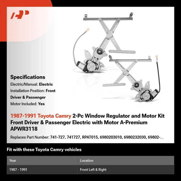 1987-1991 Toyota Camry 2-Pc Window Regulator and Motor Kit Front Driver & Passenger Electric with Motor A-Premium APWR3118