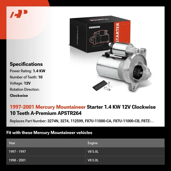 1997-2001 Mercury Mountaineer Starter 1.4 KW 12V Clockwise 10 Teeth A-Premium APSTR264