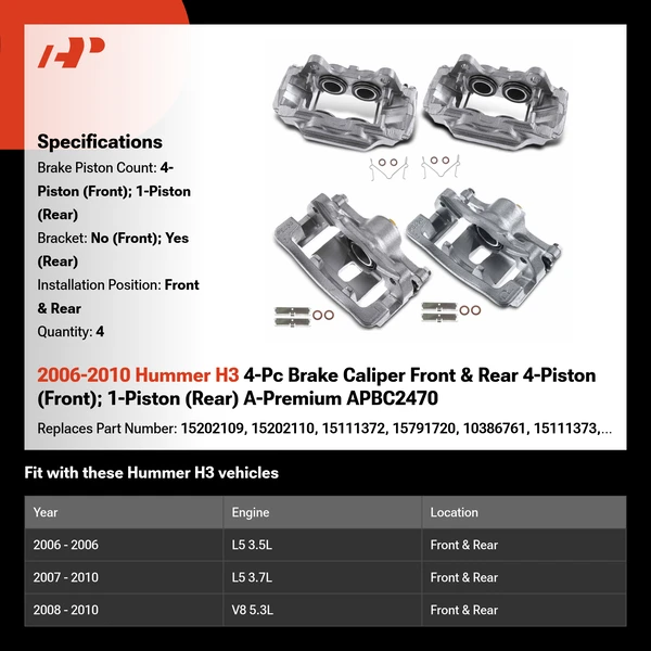 2006-2010 Hummer H3 4-Pc Brake Caliper Front & Rear 4-Piston (Front); 1-Piston (Rear) A-Premium APBC2470