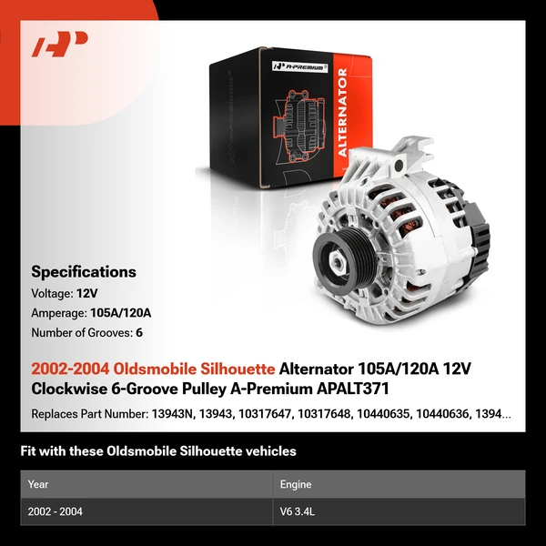 2002-2004 Oldsmobile Silhouette Alternator 105A/120A 12V Clockwise 6-Groove Pulley A-Premium APALT371