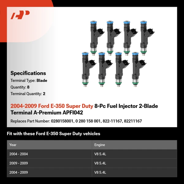 2004-2009 Ford E-350 Super Duty 8-Pc Fuel Injector 2-Blade Terminal A-Premium APFI042