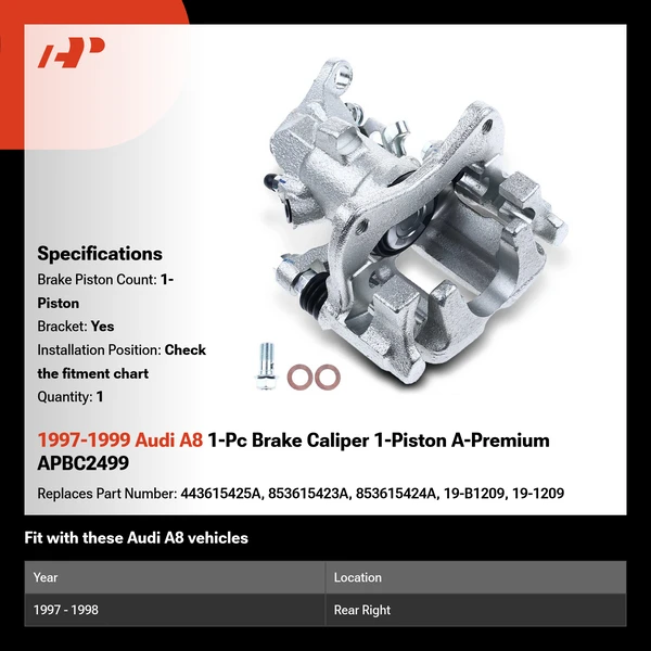 1997-1999 Audi A8 1-Pc Brake Caliper 1-Piston A-Premium APBC2499