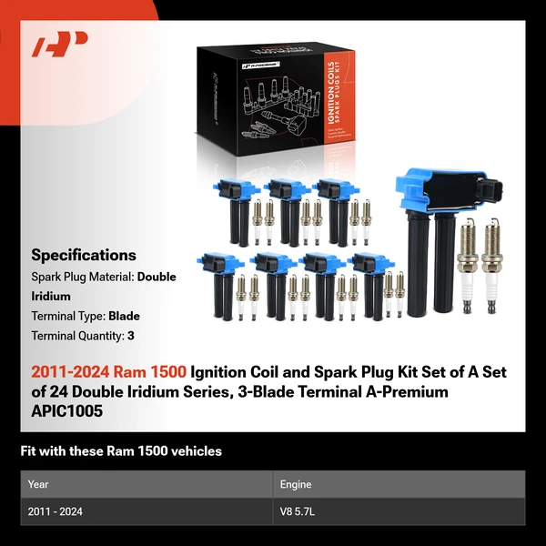 2011-2024 Ram 1500 Ignition Coil and Spark Plug Kit Set of A Set of 24 Double Iridium Series, 3-Blade Terminal A-Premium APIC1005