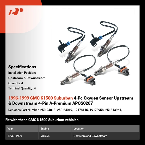 1996-1999 GMC K1500 Suburban 4-Pc Oxygen Sensor Upstream & Downstream 4-Pin A-Premium APOS0207