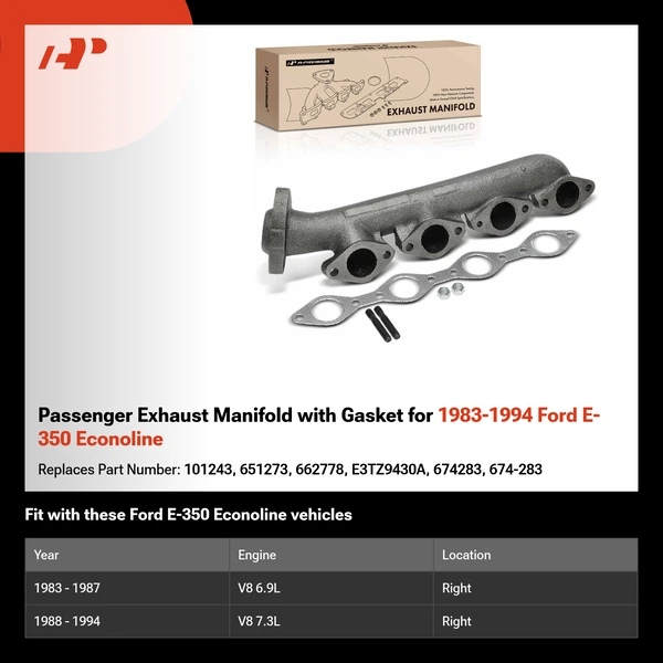 Passenger Exhaust Manifold with Gasket for 1983-1994 Ford E-350 Econoline