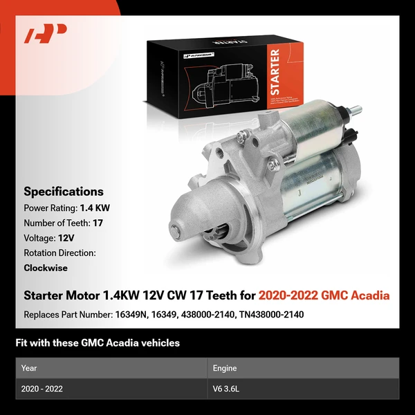 Starter Motor 1.4KW 12V CW 17 Teeth for 2020-2022 GMC Acadia