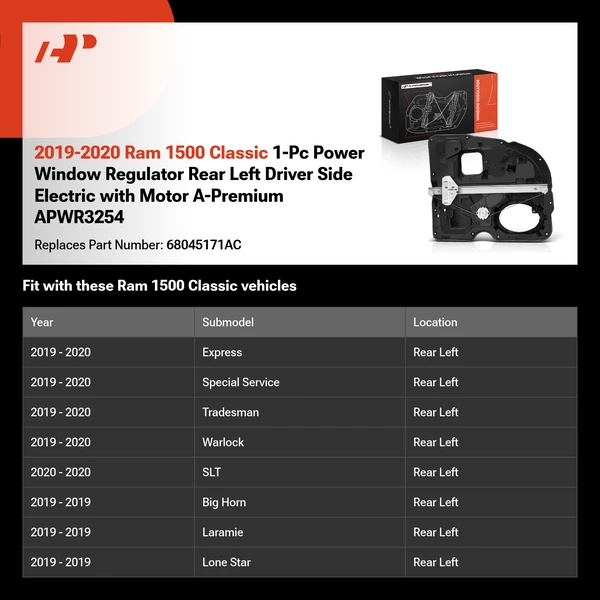 2019-2020 Ram 1500 Classic 1-Pc Power Window Regulator Rear Left Driver Side Electric with Motor A-Premium APWR3254