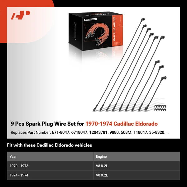 9 Pcs Spark Plug Wire Set for 1970-1974 Cadillac Eldorado