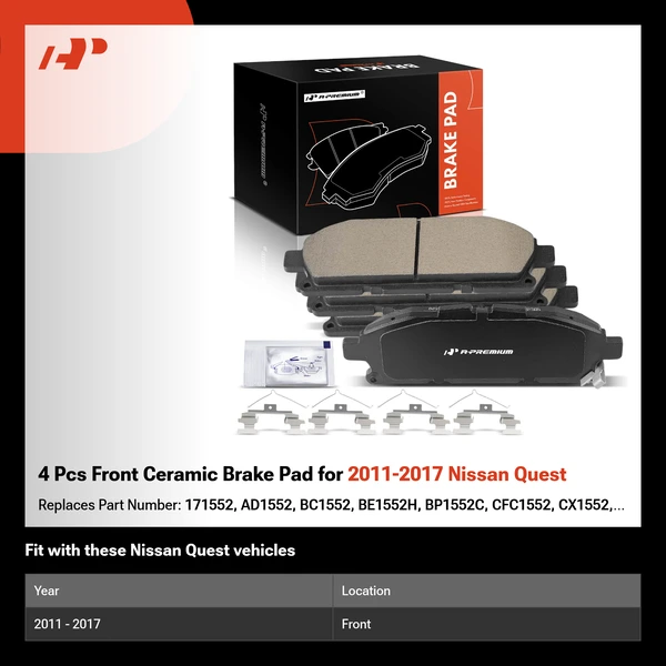 4 Pcs Front Ceramic Brake Pad for 2011-2017 Nissan Quest
