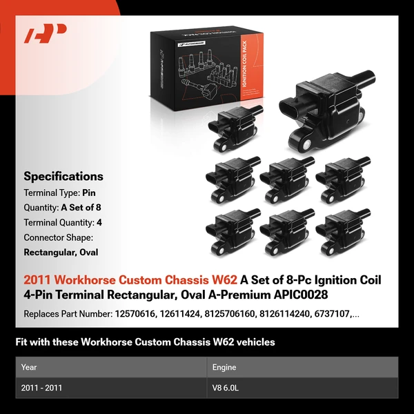 2011 Workhorse Custom Chassis W62 A Set of 8-Pc Ignition Coil 4-Pin Terminal Rectangular, Oval A-Premium APIC0028