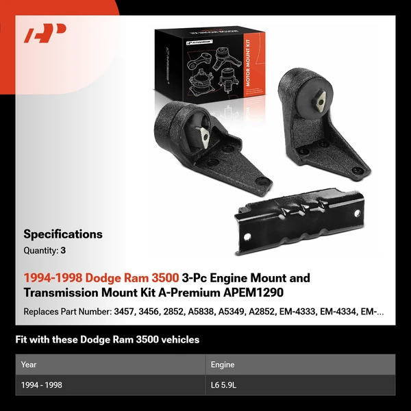 1994-1998 Dodge Ram 3500 3-Pc Engine Mount and Transmission Mount Kit A-Premium APEM1290