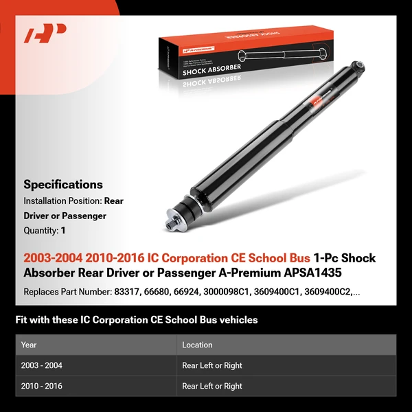 2003-2004 2010-2016 IC Corporation CE School Bus 1-Pc Shock Absorber Rear Driver or Passenger A-Premium APSA1435