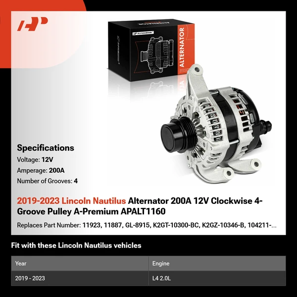2019-2023 Lincoln Nautilus Alternator 200A 12V Clockwise 4-Groove Pulley A-Premium APALT1160
