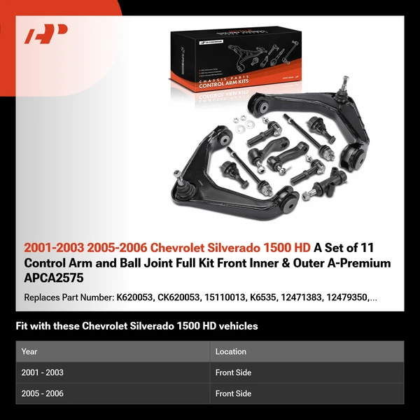 2001-2003 2005-2006 Chevrolet Silverado 1500 HD A Set of 11 Control Arm and Ball Joint Full Kit Front Inner & Outer A-Premium APCA2575