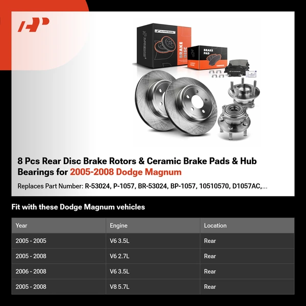 8 Pcs Rear Disc Brake Rotors & Ceramic Brake Pads & Hub Bearings for 2005-2008 Dodge Magnum
