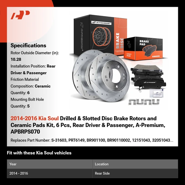 2014-2016 Kia Soul Drilled & Slotted Disc Brake Rotors and Ceramic Pads Kit, 6 Pcs, Rear Driver & Passenger, A-Premium, APBRPS070