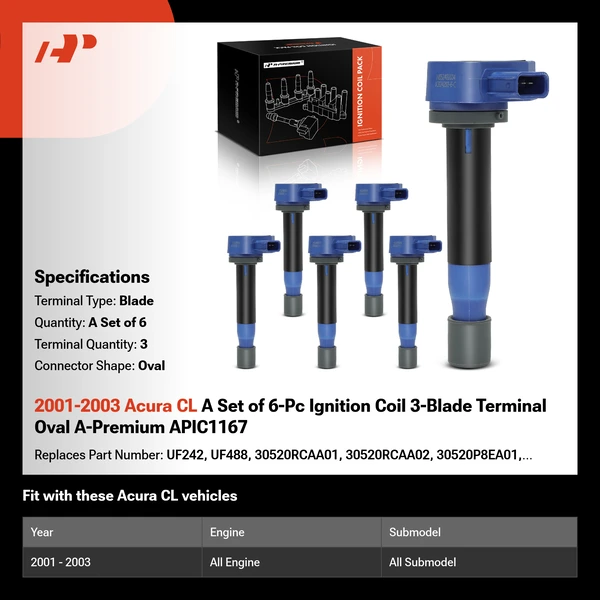 2001-2003 Acura CL A Set of 6-Pc Ignition Coil 3-Blade Terminal Oval A-Premium APIC1167