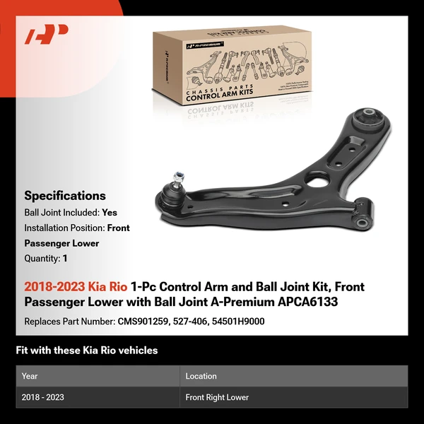 2018-2023 Kia Rio 1-Pc Control Arm and Ball Joint Kit, Front Passenger Lower with Ball Joint A-Premium APCA6133