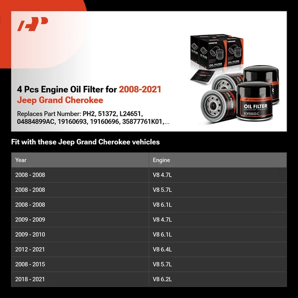 4 Pcs Engine Oil Filter for 2008-2021 Jeep Grand Cherokee