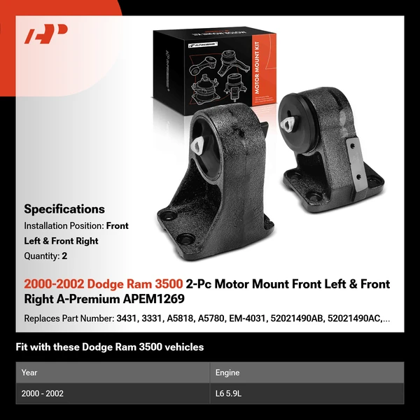 2000-2002 Dodge Ram 3500 2-Pc Motor Mount Front Left & Front Right A-Premium APEM1269