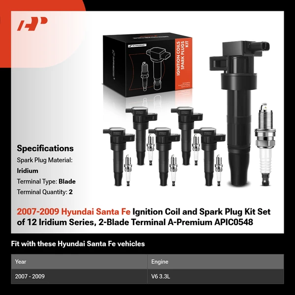 2007-2009 Hyundai Santa Fe Ignition Coil and Spark Plug Kit Set of 12 Iridium Series, 2-Blade Terminal A-Premium APIC0548