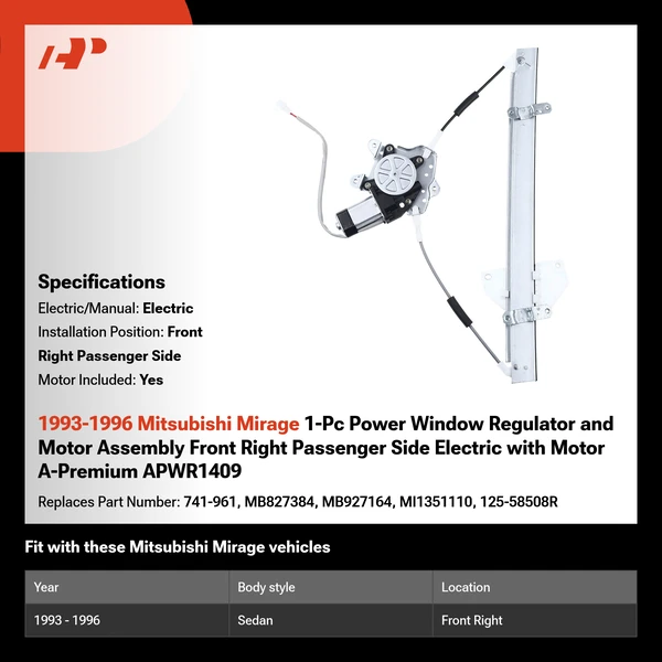 1993-1996 Mitsubishi Mirage 1-Pc Power Window Regulator and Motor Assembly Front Right Passenger Side Electric with Motor A-Premium APWR1409