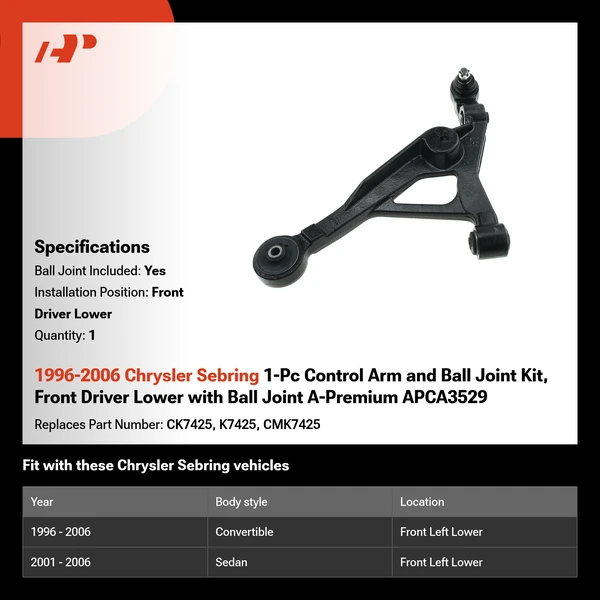 1996-2006 Chrysler Sebring 1-Pc Control Arm and Ball Joint Kit, Front Driver Lower with Ball Joint A-Premium APCA3529