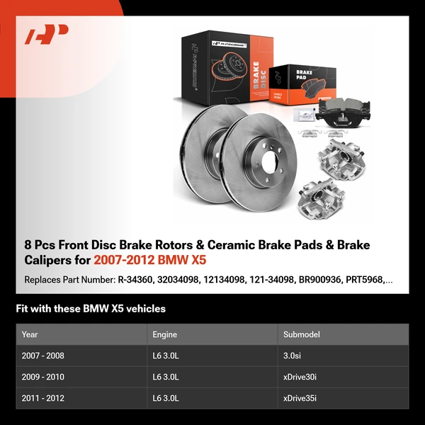 8 Pcs Front Disc Brake Rotors & Ceramic Brake Pads & Brake Calipers for 2007-2012 BMW X5
