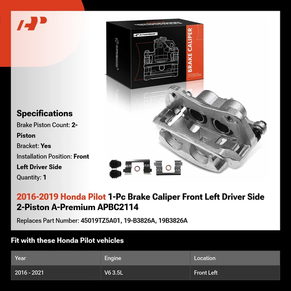 2016-2019 Honda Pilot 1-Pc Brake Caliper Front Left Driver Side 2-Piston A-Premium APBC2114