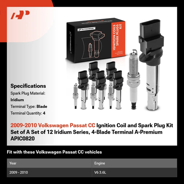 2009-2010 Volkswagen Passat CC Ignition Coil and Spark Plug Kit Set of A Set of 12 Iridium Series, 4-Blade Terminal A-Premium APIC0820