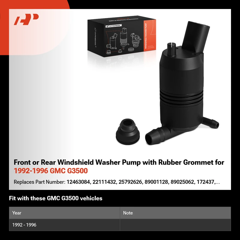 Front or Rear Windshield Washer Pump with Rubber Grommet for 1992-1996 GMC G3500
