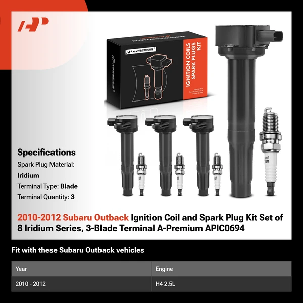 2010-2012 Subaru Outback Ignition Coil and Spark Plug Kit Set of 8 Iridium Series, 3-Blade Terminal A-Premium APIC0694