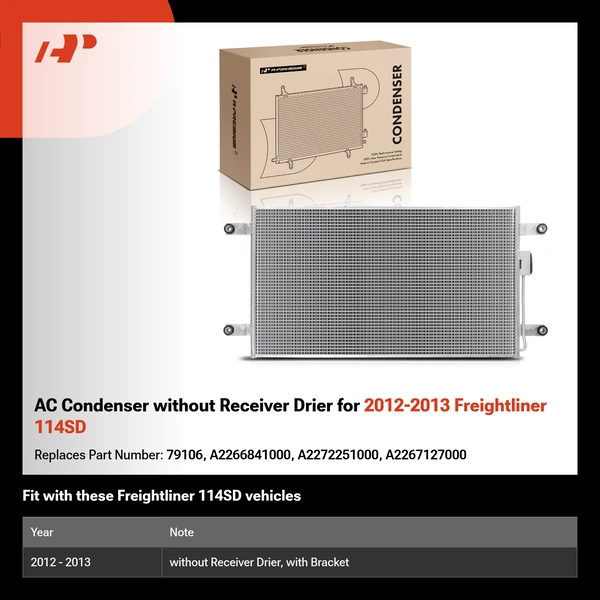 AC Condenser without Receiver Drier for 2012-2013 Freightliner 114SD