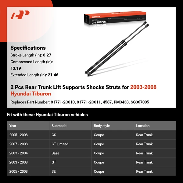 2 Pcs Rear Trunk Lift Supports Shocks Struts for 2003-2008 Hyundai Tiburon