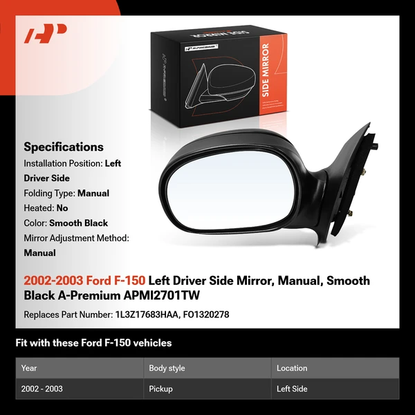2002-2003 Ford F-150 Left Driver Side Mirror, Manual, Smooth Black A-Premium APMI2701TW