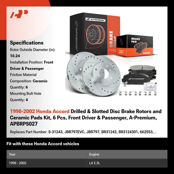 1998-2002 Honda Accord Drilled & Slotted Disc Brake Rotors and Ceramic Pads Kit, 6 Pcs, Front Driver & Passenger, A-Premium, APBRPS027