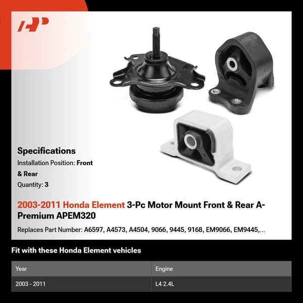 2003-2011 Honda Element 3-Pc Motor Mount Front & Rear A-Premium APEM320