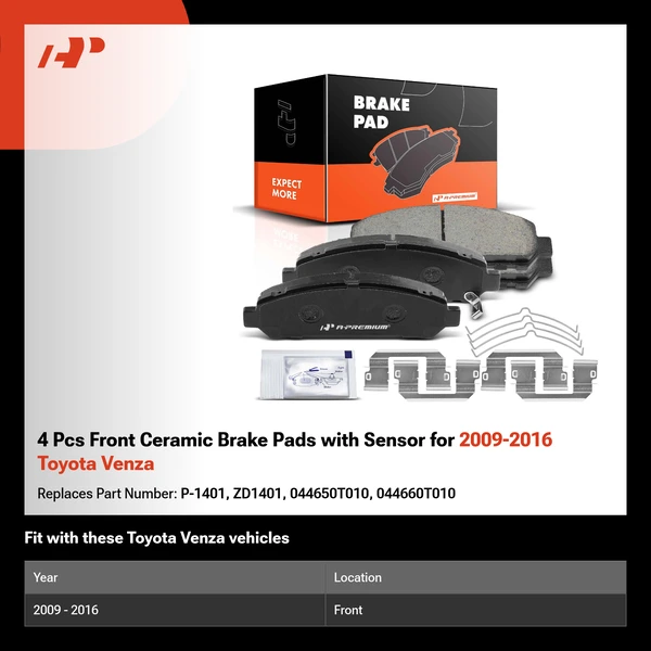 4 Pcs Front Ceramic Brake Pads with Sensor for 2009-2016 Toyota Venza