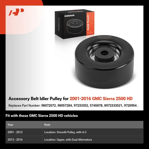 Accessory Belt Idler Pulley for 2001-2016 GMC Sierra 2500 HD