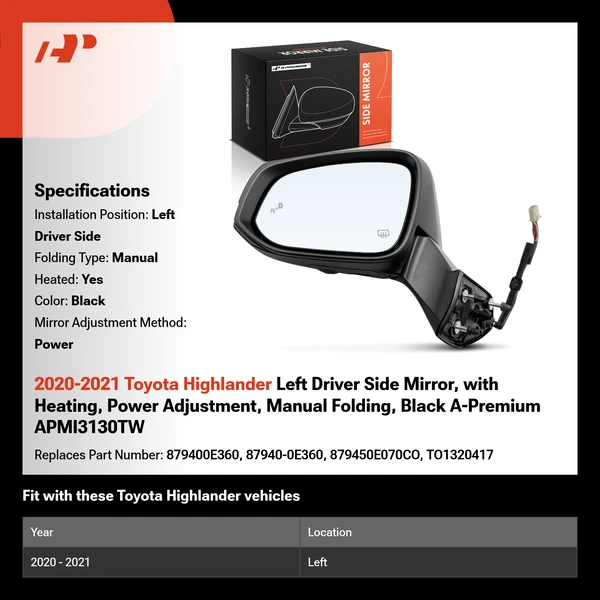 2020-2021 Toyota Highlander Left Driver Side Mirror, with Heating, Power Adjustment, Manual Folding, Black A-Premium APMI3130TW
