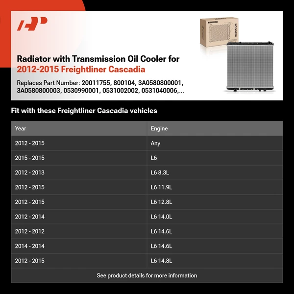 Radiator with Transmission Oil Cooler for 2012-2015 Freightliner Cascadia