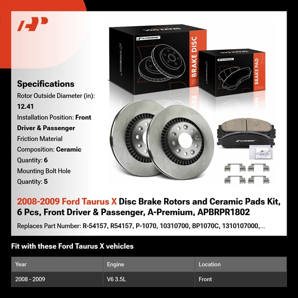 2008-2009 Ford Taurus X Disc Brake Rotors and Ceramic Pads Kit, 6 Pcs, Front Driver & Passenger, A-Premium, APBRPR1802